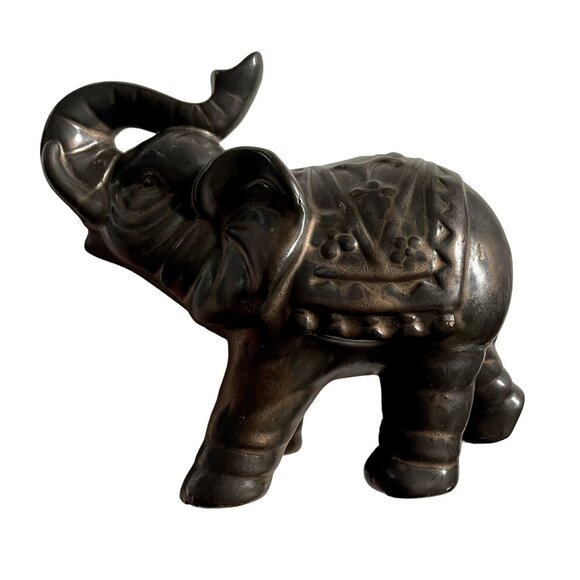 Lucky Ceramic Elephant Trunk Up With Saddle Black Copper Better Homes & Garden u - Picture 8 of 8